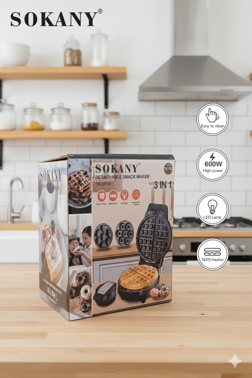 Waflera SK-08006| 3 en 1 | con moldes para wafles, donas, galletas y quequitos| 600W|antiadherente| compacta y resistente al calor|