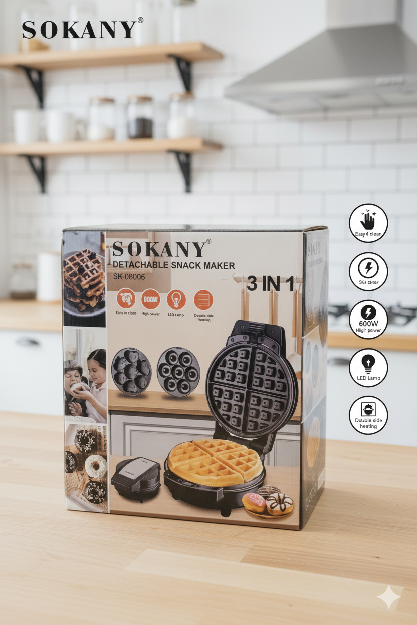 Waflera SK-08006| 3 en 1 | con moldes para wafles, donas, galletas y quequitos| 600W|antiadherente| compacta y resistente al calor|