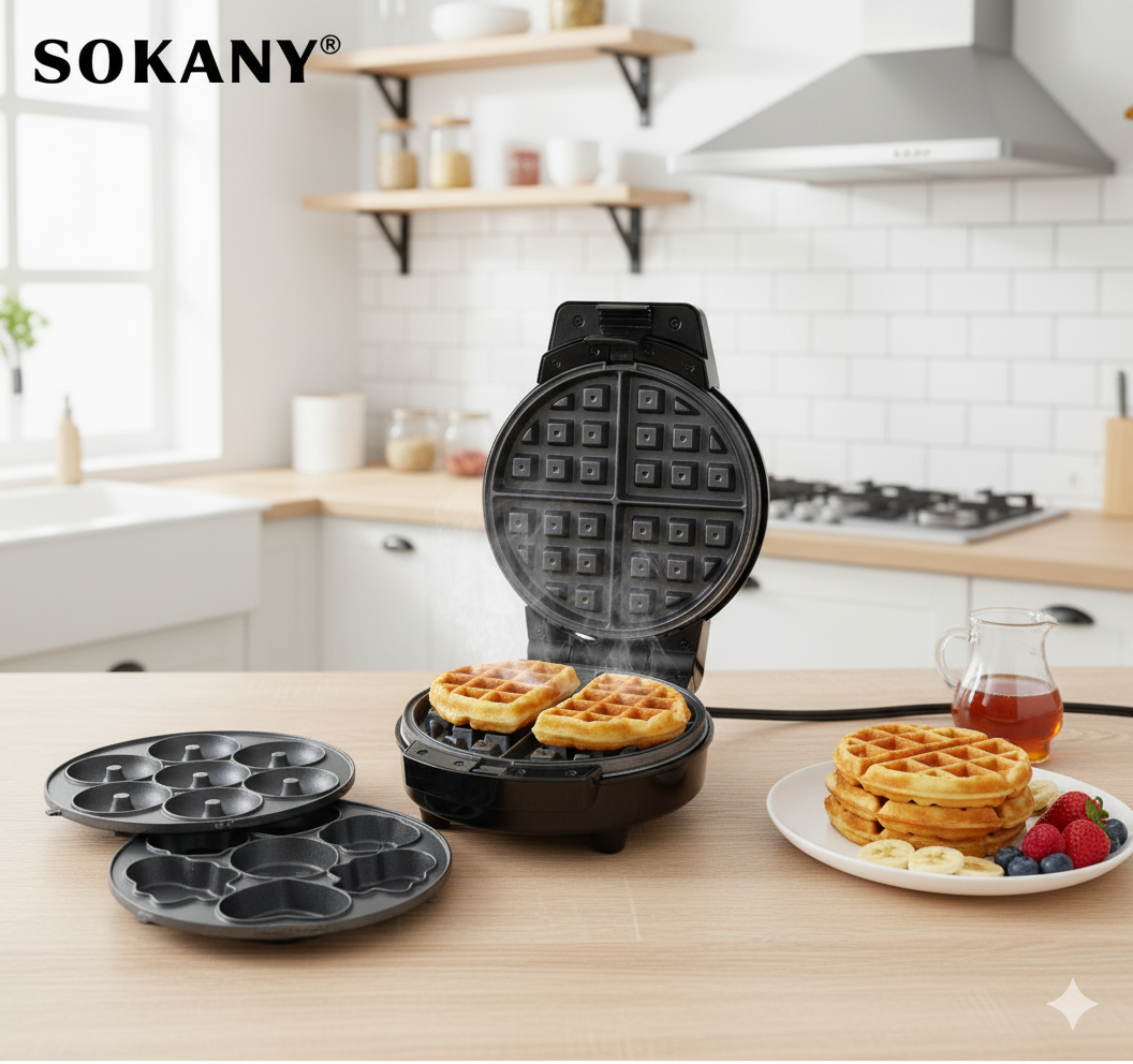 Waflera SK-08006| 3 en 1 | con moldes para wafles, donas, galletas y quequitos| 600W|antiadherente| compacta y resistente al calor|