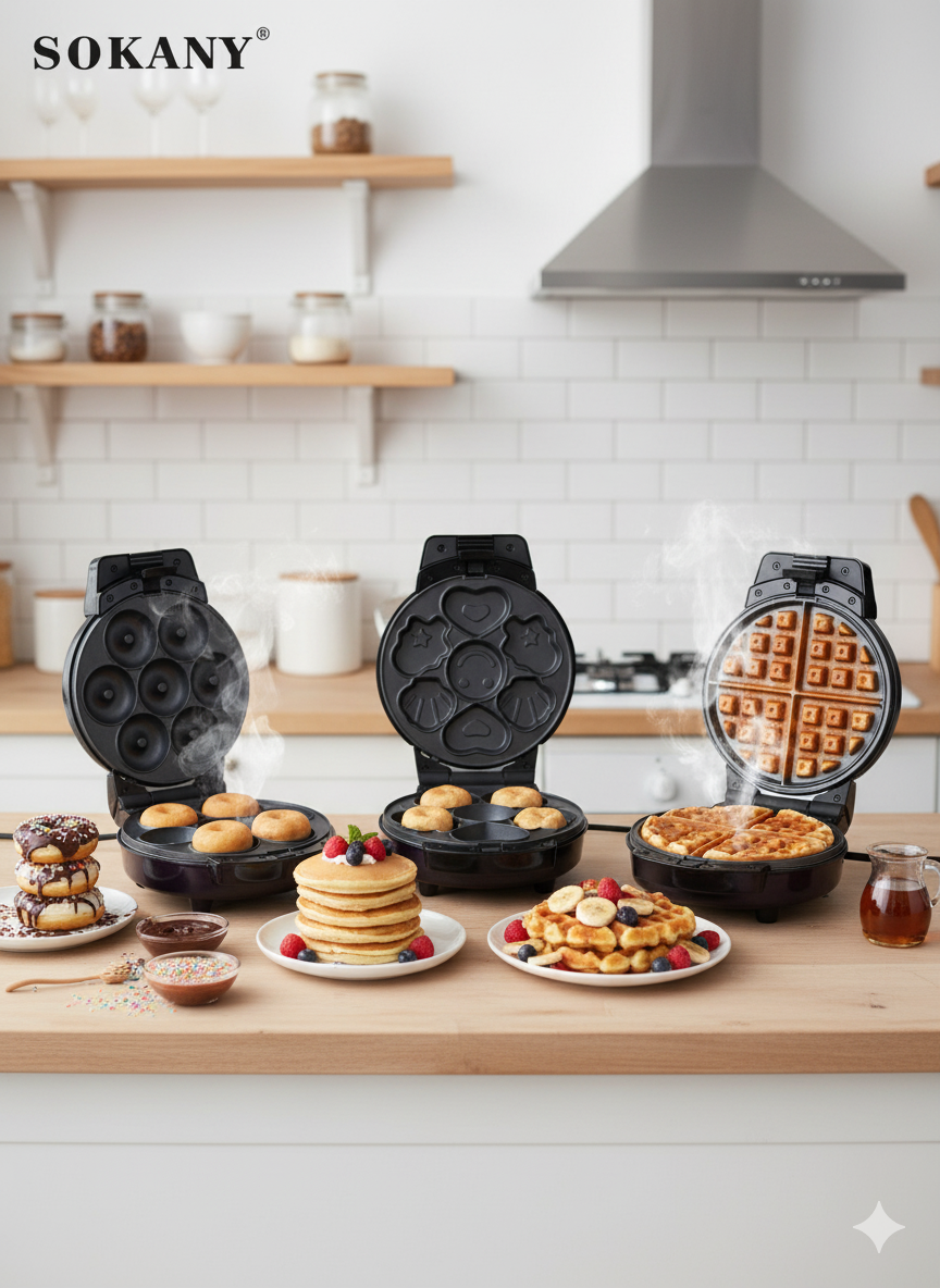 Waflera SK-08006| 3 en 1 | con moldes para wafles, donas, galletas y quequitos| 600W|antiadherente| compacta y resistente al calor|
