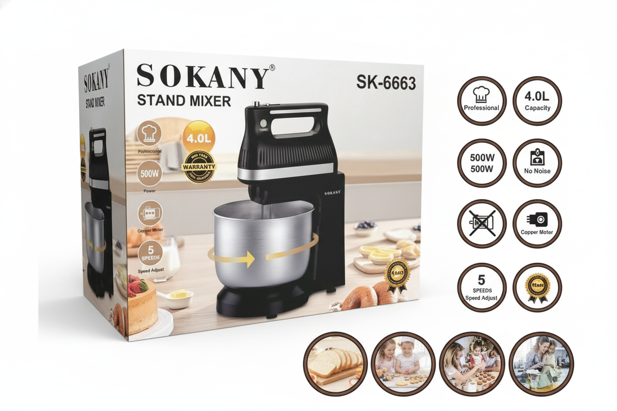 Batidora con base| SK-6663|500W|4 litros|5 velocidades| + turbo | manual o con base|4 ganchos de acero inoxidable|