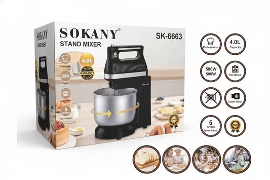 Batidora con base| SK-6663|500W|4 litros|5 velocidades| + turbo | manual o con base|4 ganchos de acero inoxidable|